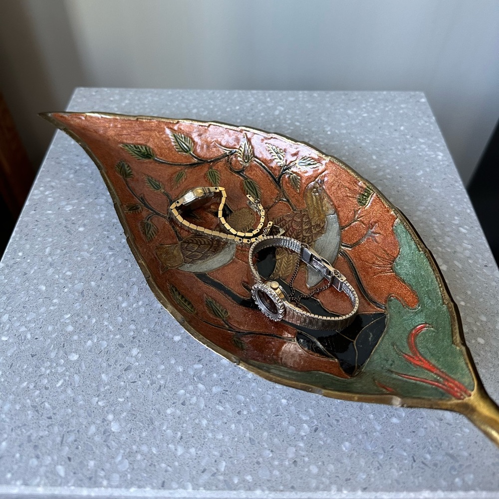 Etched Brass Leaf Enamel Trinket Dish Hand Painted Birds Vintage Made in India